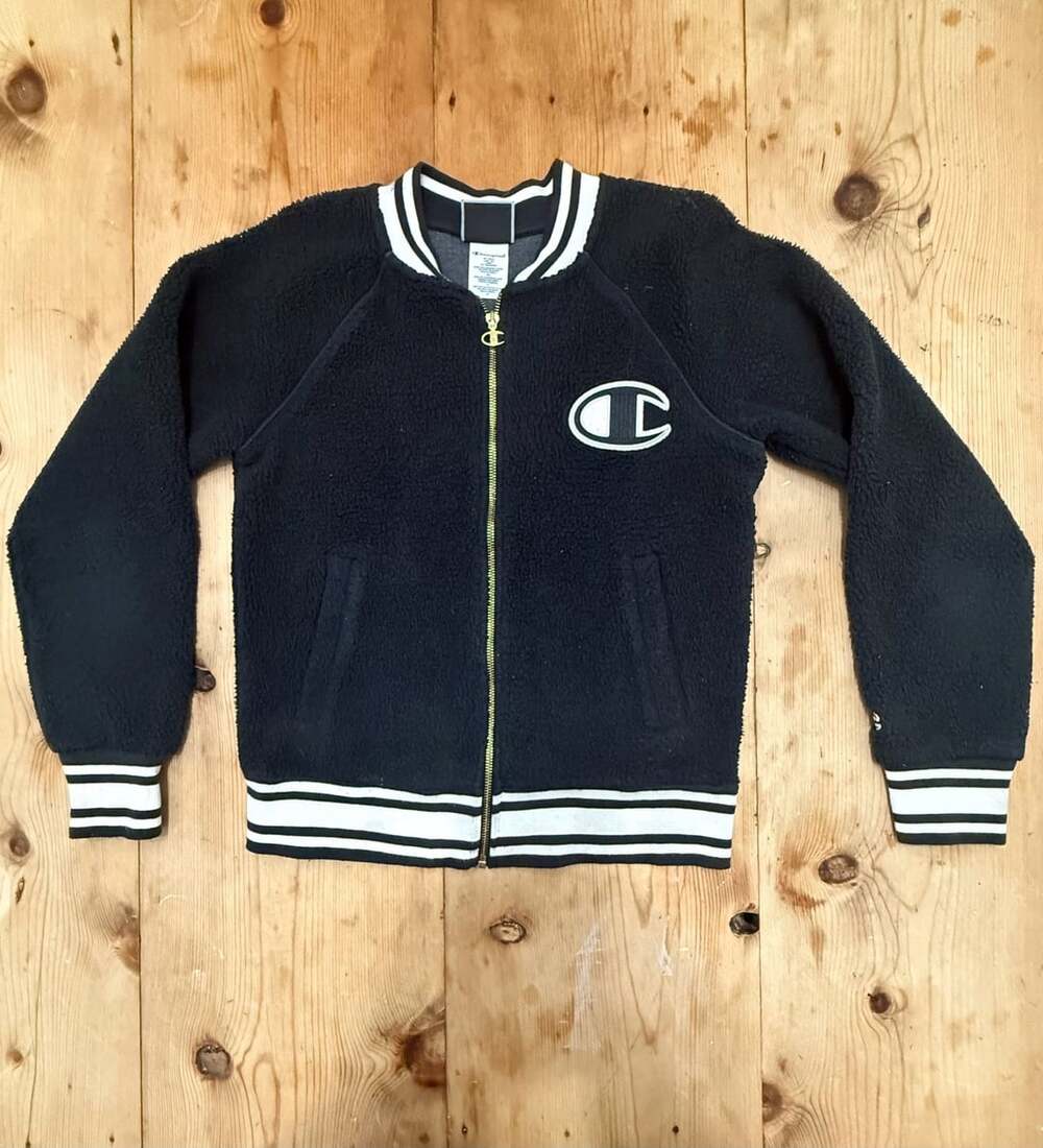 Champion Sherpa Bomber Jacket Size XS Black Full Zip Letterman Fleece